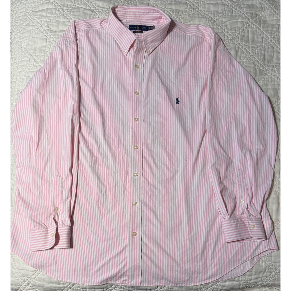 Ralph Lauren Performance Mens 2XB Pink White Striped Button Down Long Sleeve